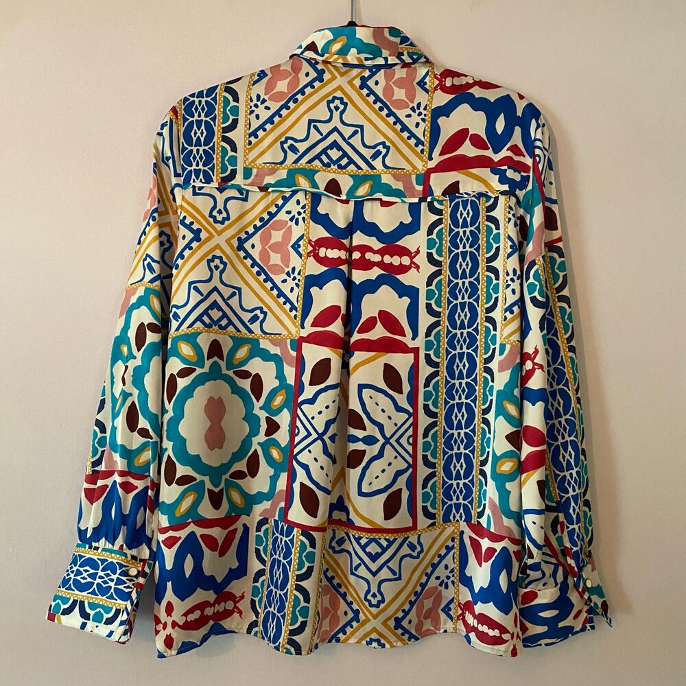 Zara Multicolor Abstract Western Button Down Blouse Silky Maximalist Women's XS - Picture 5 of 8